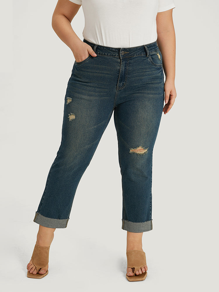 Solid Ripped Roll Hem Pocket Straight Leg Jeans