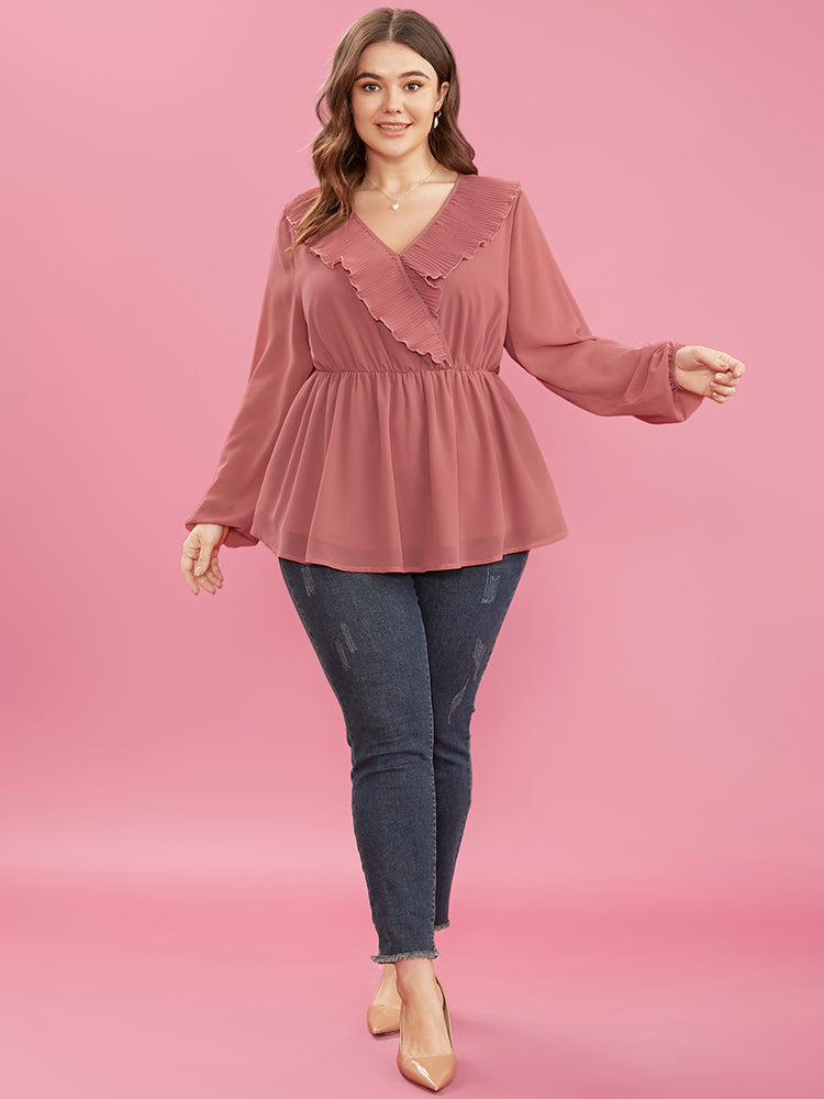 Solid Lantern Sleeve Pleated Ruffle Trim Wrap Blouse