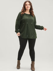 Solid Round Neck Pearls Beaded Rib Knit Sweatshirt