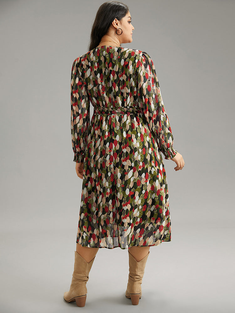 Overlap Collar Feather Shirred Pocket Dress