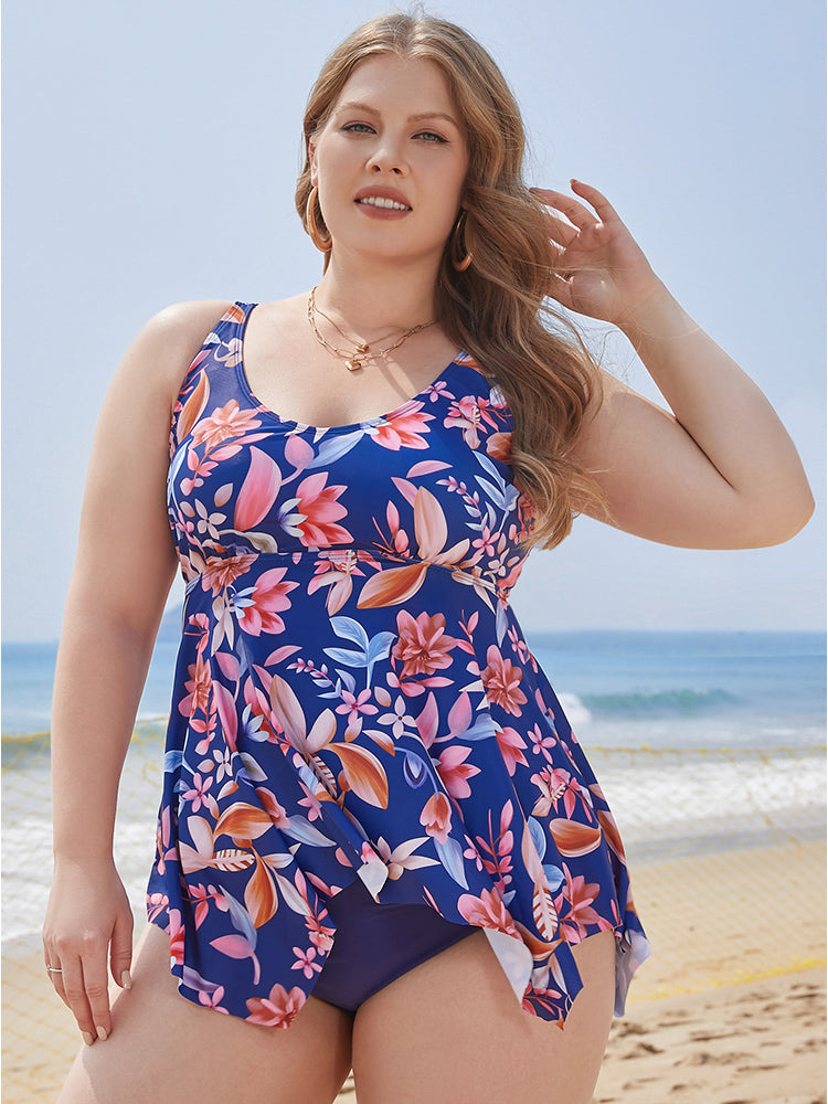Floral Print A Line Hanky Hem Tankini Top