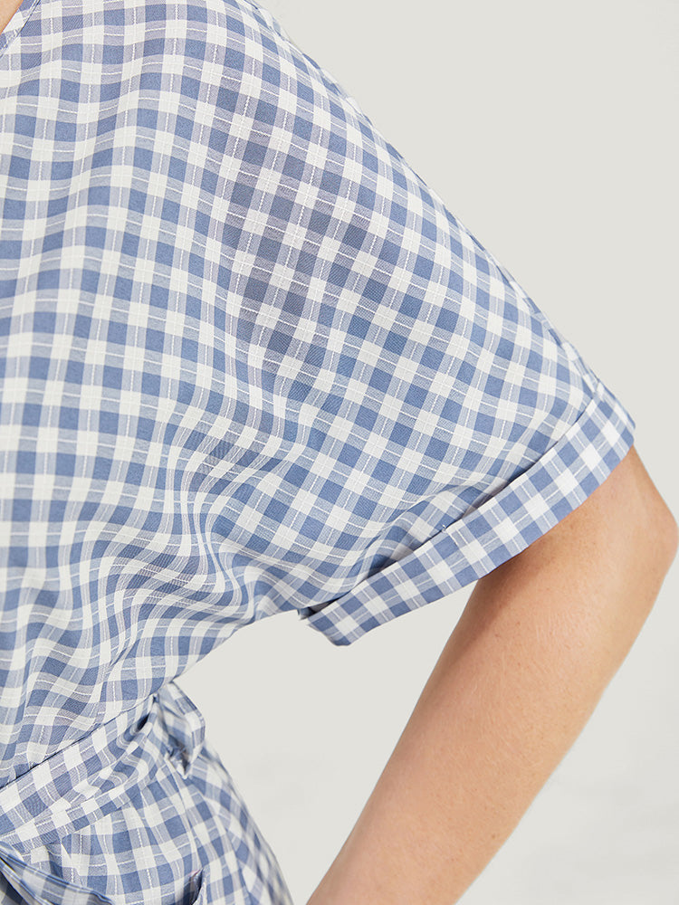 Gingham Print Roll Batwing Sleeve Belt Pocket Wrap Dress