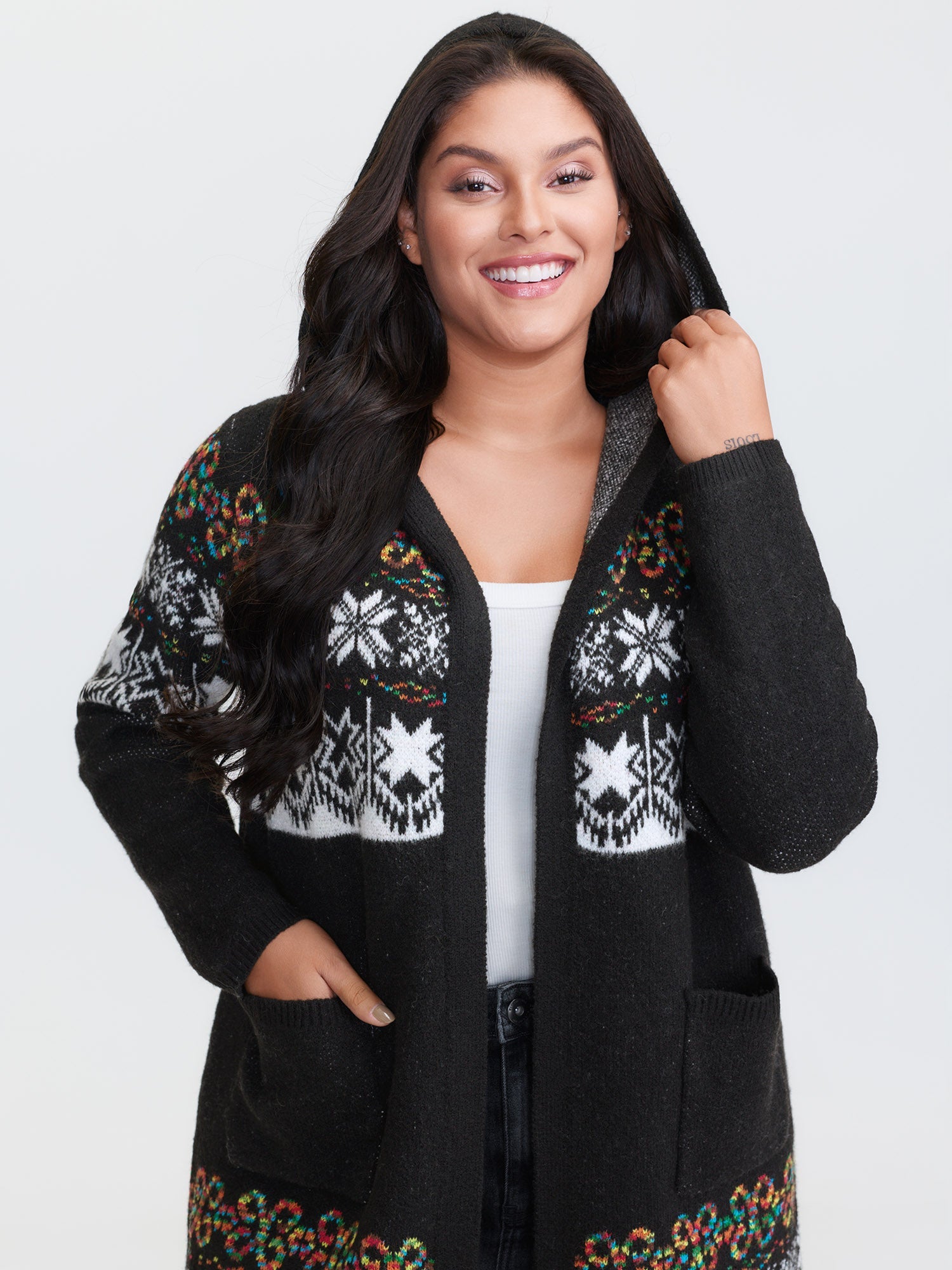 Boho Print Jacquard Hooded Knit Cardigan