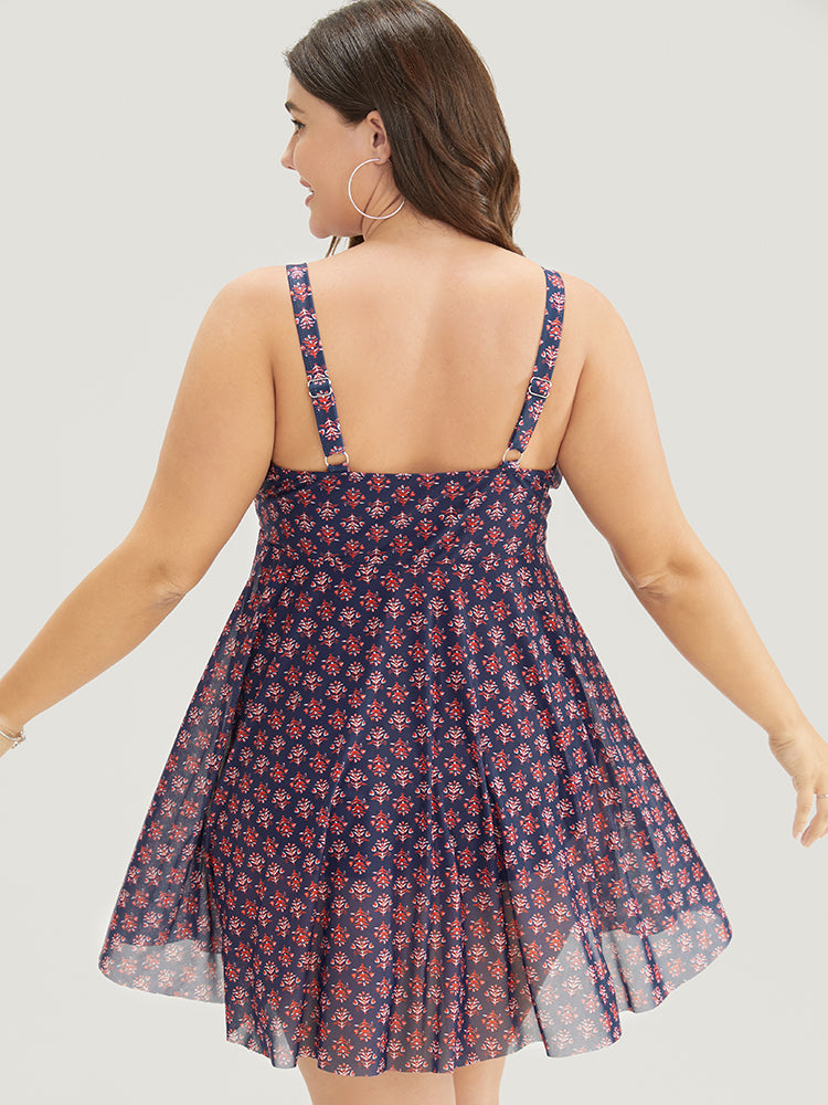 Bandana Print Adjustable Straps Mesh Ruffles Swim Dress