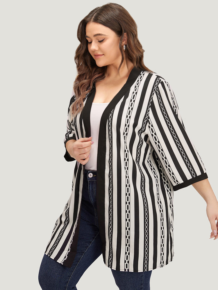 Striped Patchwork Contrast Open Front Kimono