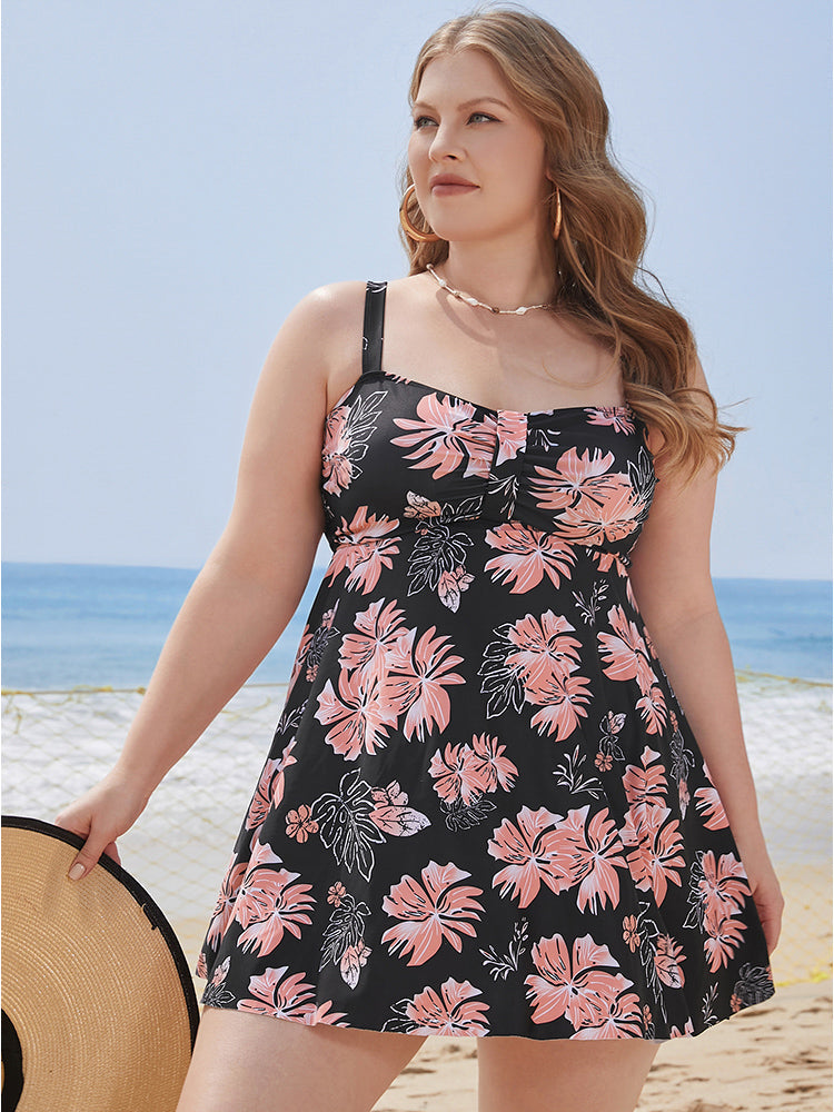 Floral Print Gathered  Adjustable Straps Swim Dress