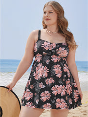 Floral Print Gathered  Adjustable Straps Swim Dress