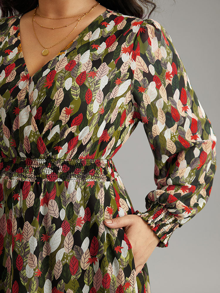 Overlap Collar Feather Shirred Pocket Dress