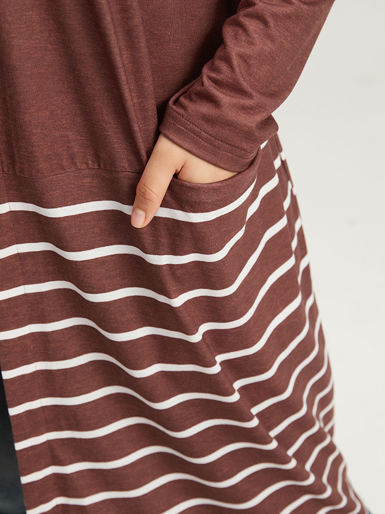 Striped Contrast Pocket Open Front Kimono