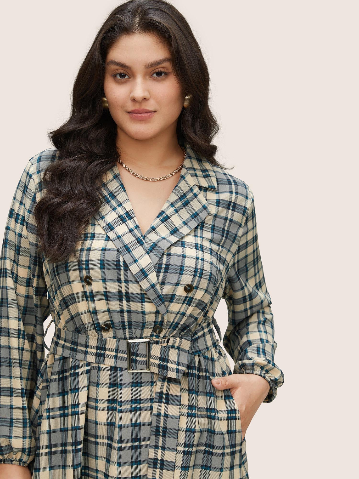 Plaid Suit Collar Pocket Belted Dress