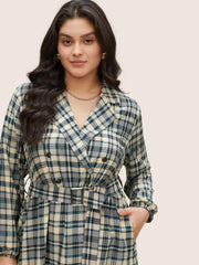 Plaid Suit Collar Pocket Belted Dress