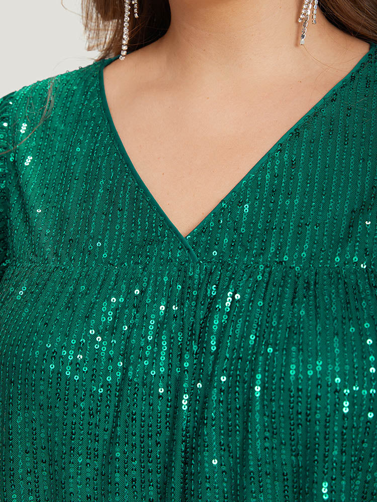 Sequin Mesh Pocket Cap Sleeve Ruffle Trim Dress