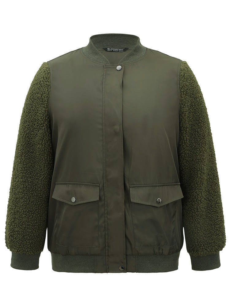 Plain Fuzzy Patchwork Zipper Flap Pocket Jacket