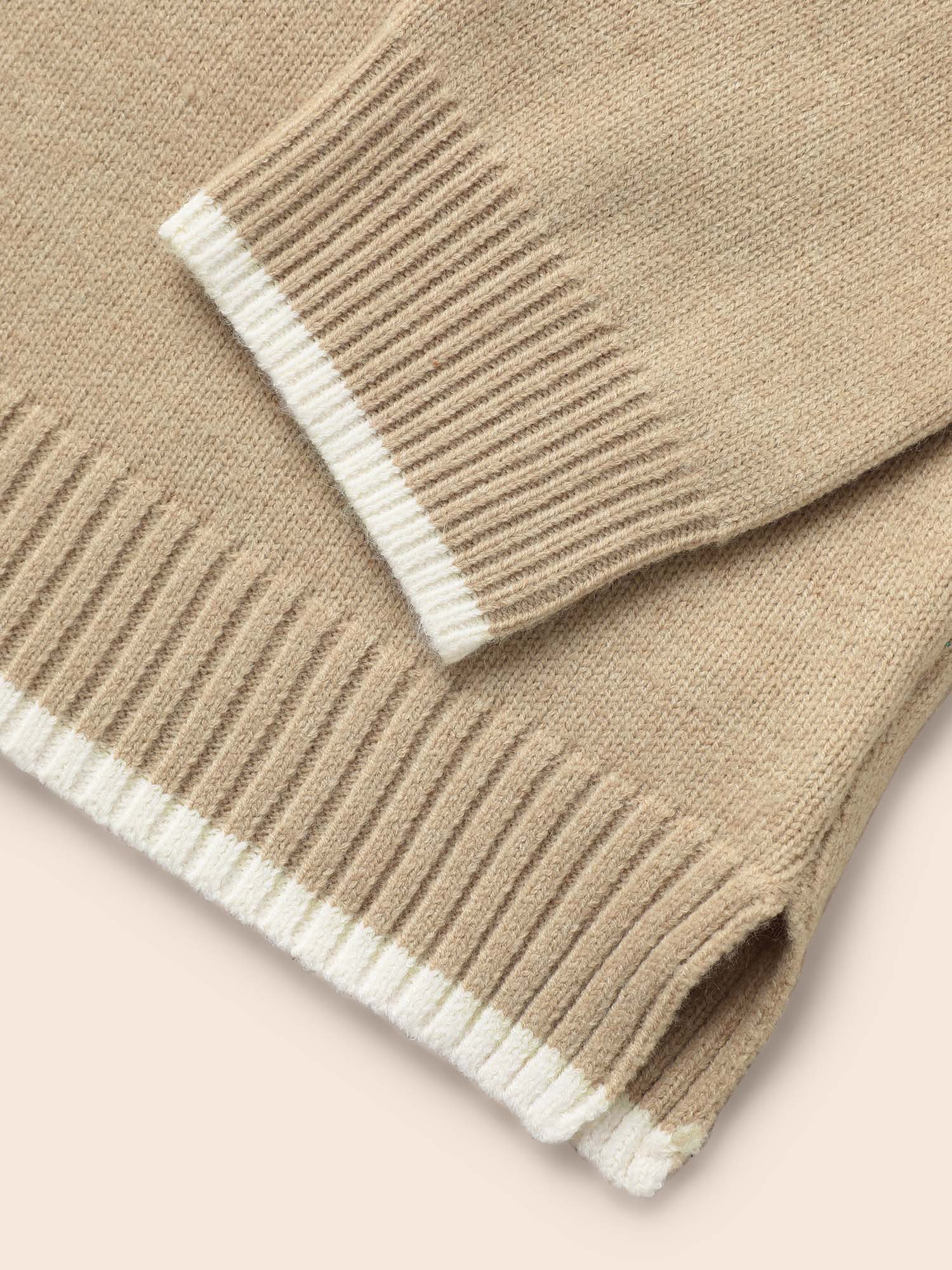 Floral Jacquard Contrast Trim Slit Hem Pullover