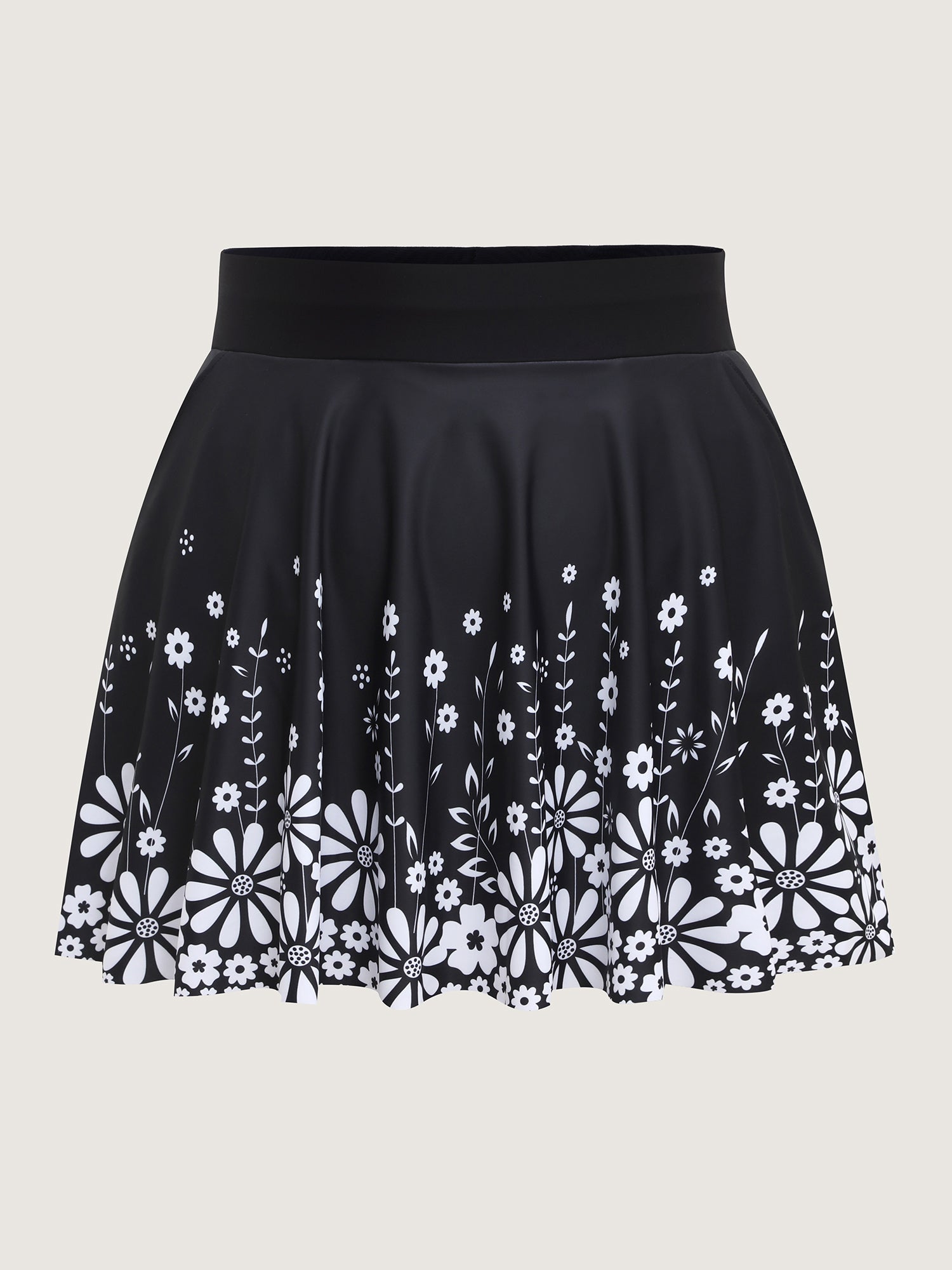 Floral Hem Pockets Pleated Swim Bottoms