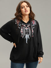 Boho Embroidered Pocket Hooded Drawstring Sweatshirt