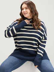 Striped Contrast Pointelle Knit Split Hem Mock Neck Knit Top