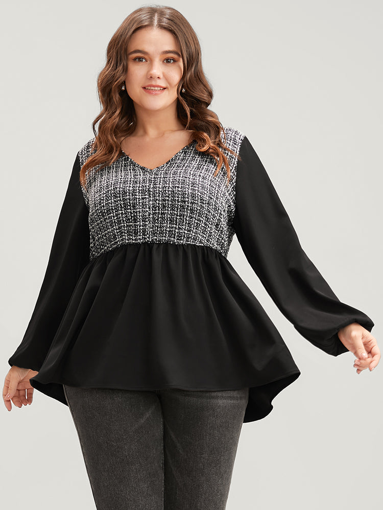 Gingham Tweed Lantern Sleeve Asymmetrical Hem Blouse