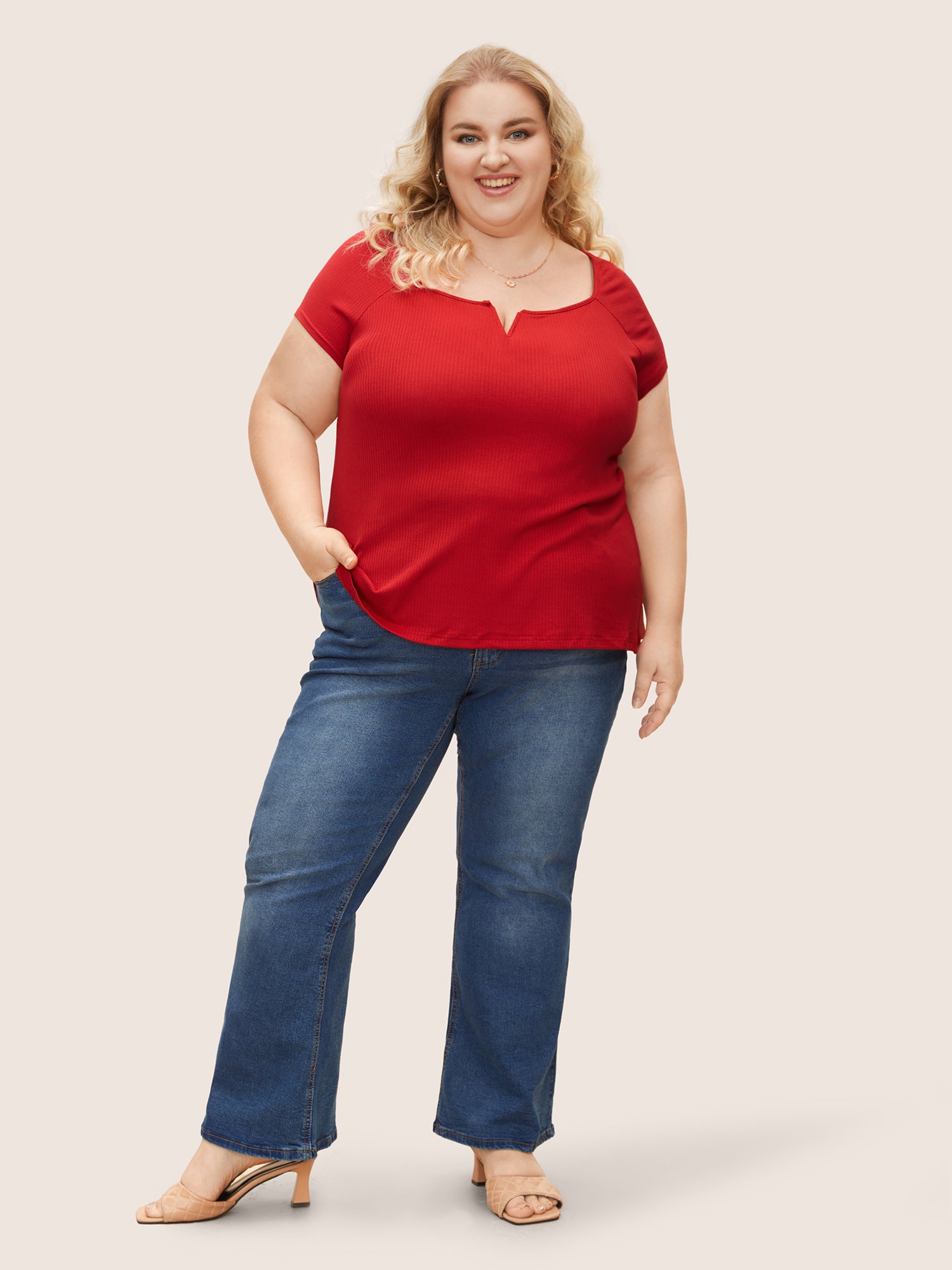 Solid Notched Collar Pit Strip T-shirt