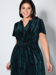 Velvet Pleated Waist Notched-Collar Jumpsuit