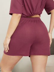 Solid Elastic Waist Pocket Ties Waffle Knit Sleep Shorts