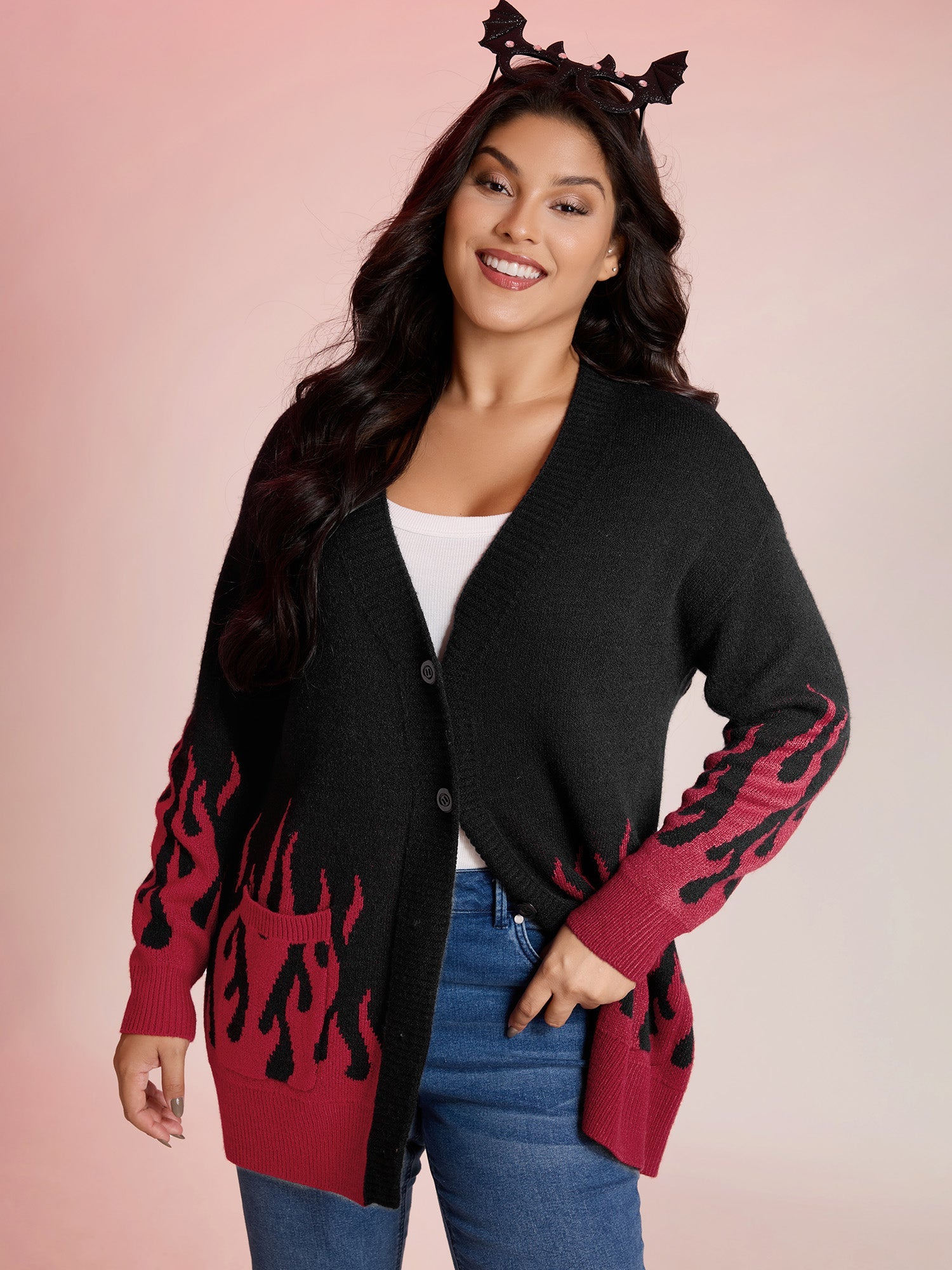 Flame Pattern Ribbed Hem Pockets Knit Cardigan