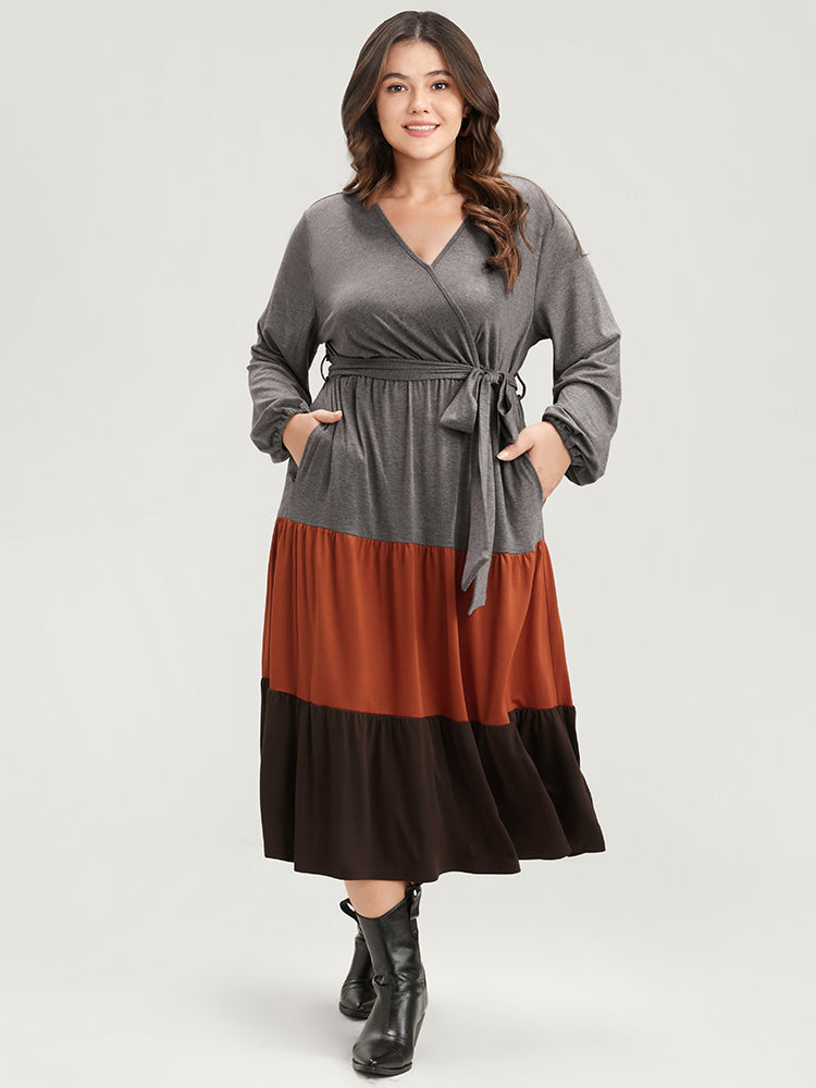 Colorblock Contrast Pocket Wrap Belted Ruffle Tiered Dress