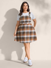 Plaid Print Overall Straps Shirred Mini Dress