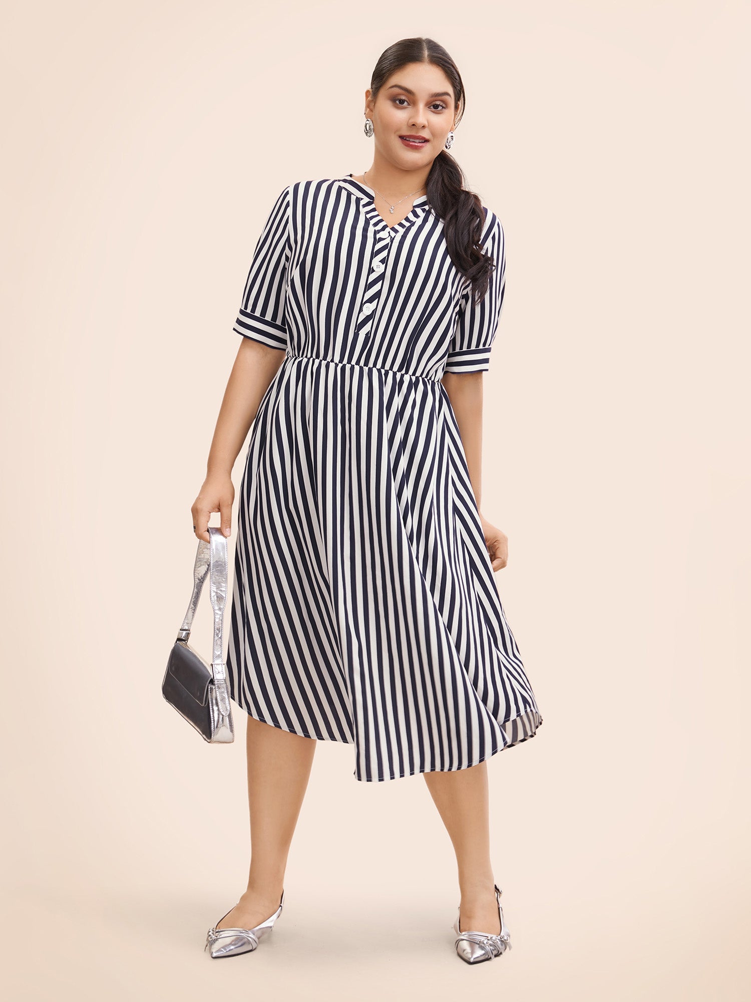 Striped Notched Button Detail Midi Dress