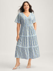 Floral Print Lace Tiered Midi Dress