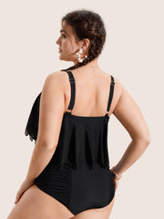 Solid Ruffle Trim Laser Cut Swim Top