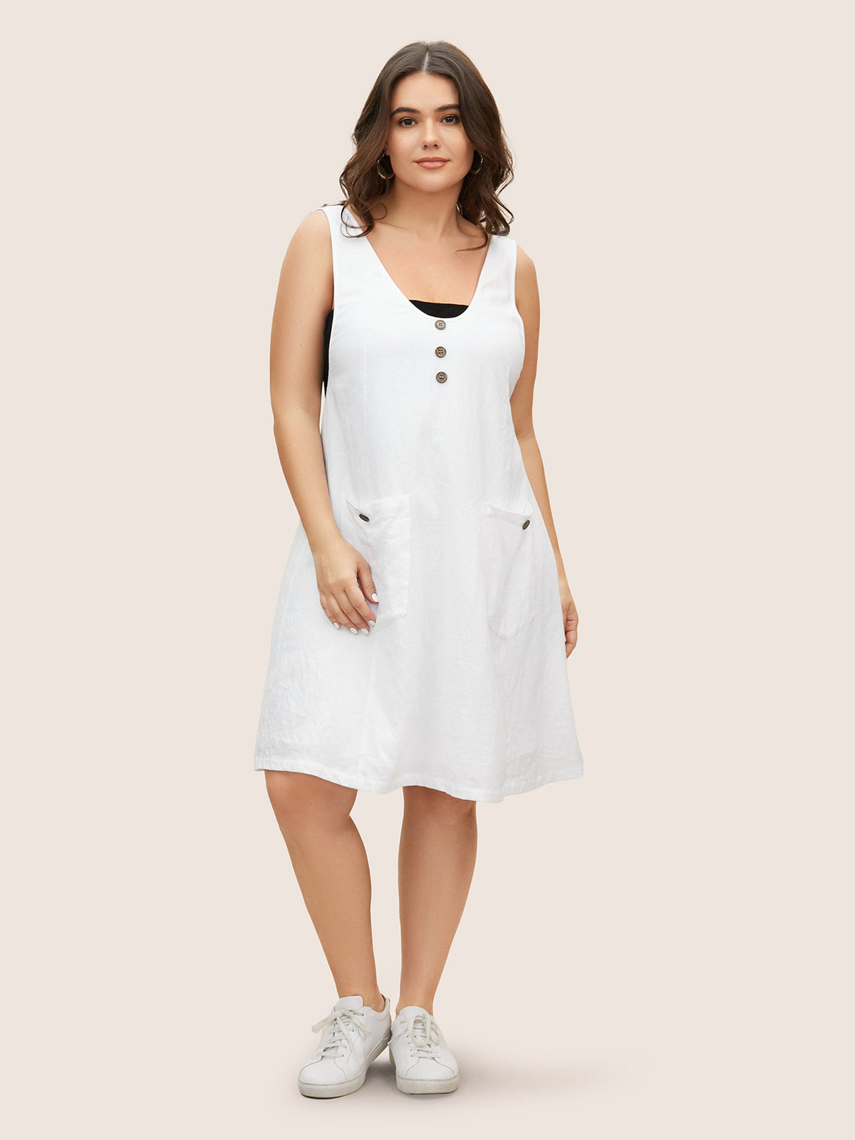 Solid Deep V Neck Patch Pocket Dress