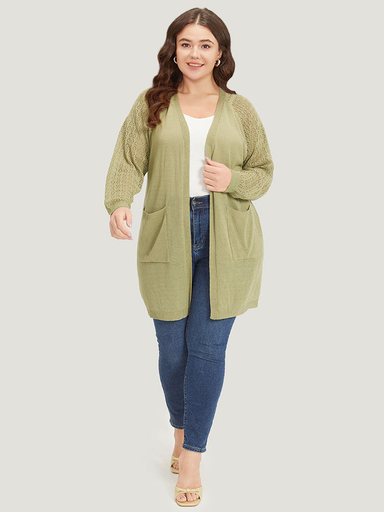 Solid Patched Pocket Geometric Eyelet Raglan Sleeve Cardigan