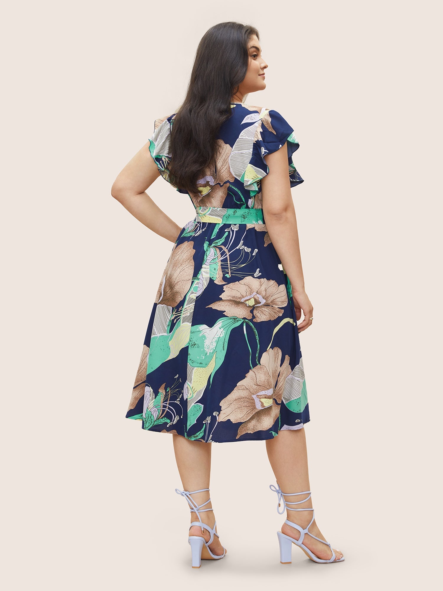 Floral Print Flutter Sleeve Belted Midi Dress