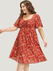 Floral Print Square Neck Ruched Ruffles Drawstring Dress