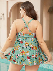 Floral Crisscross Surplice Neck Flutter Hem Swim Dress