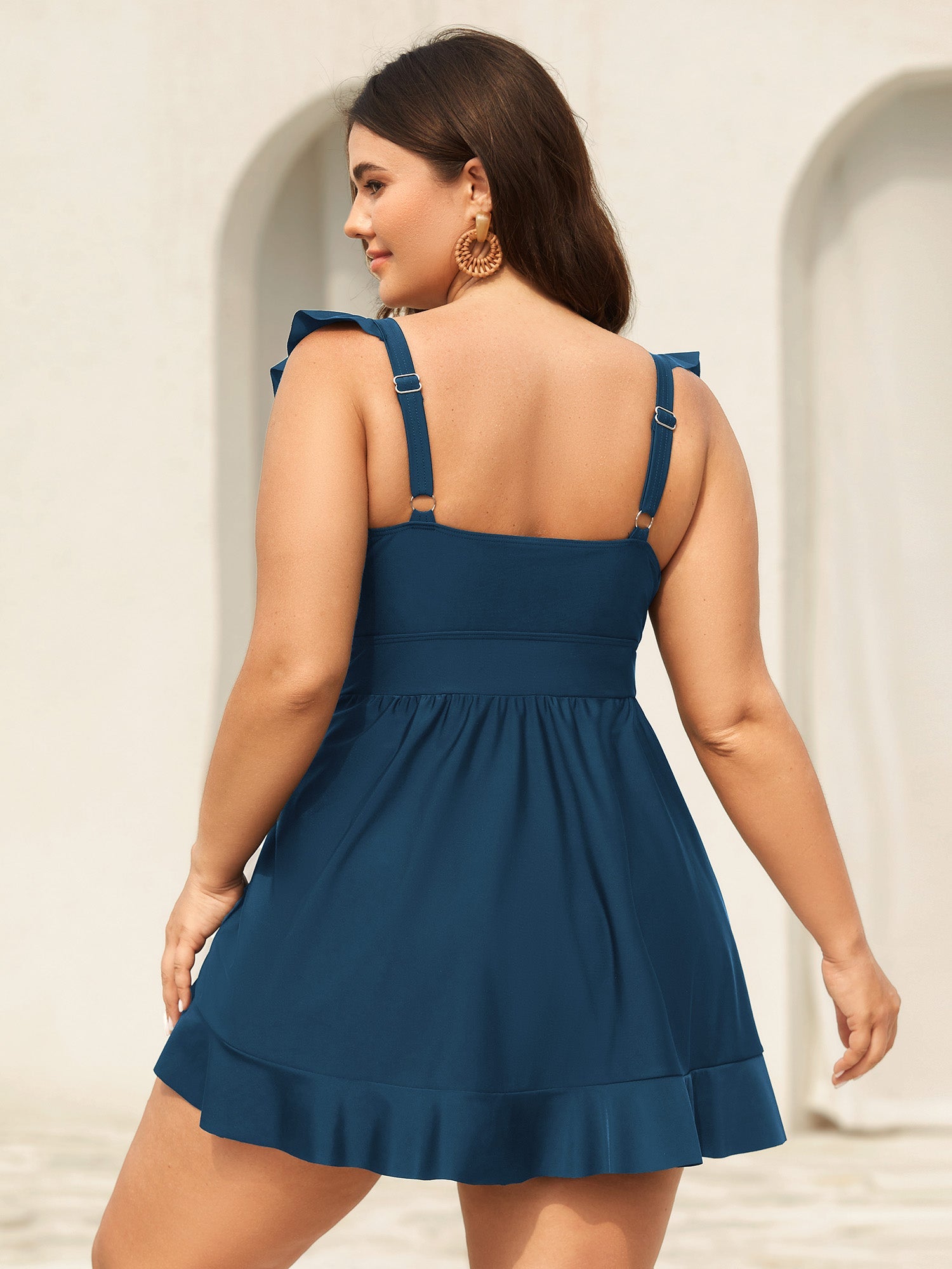 Ruffled Hem Flutter Sleeve Drawstring Swim Dress
