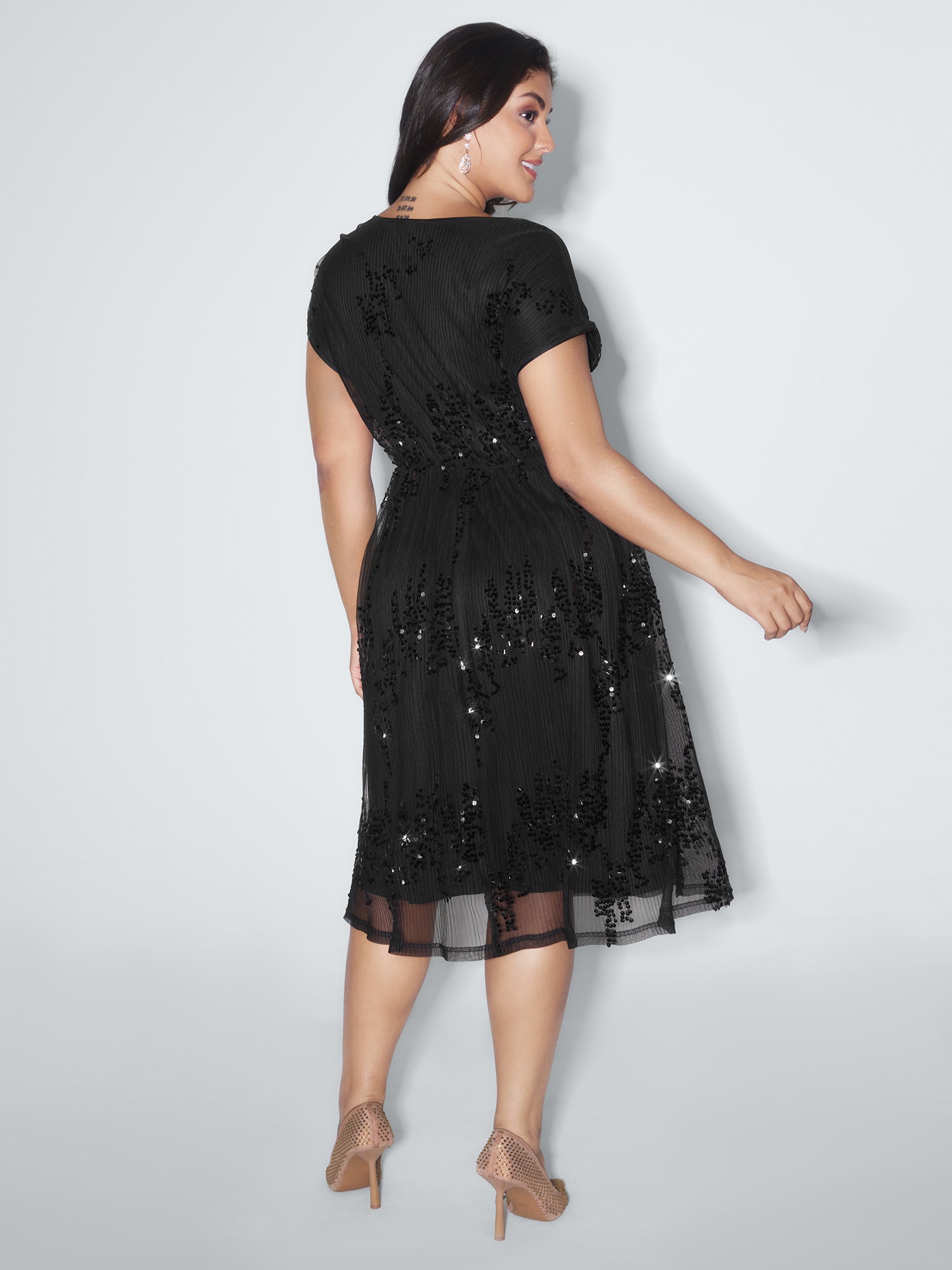 Sequin Embellished V-Neck Midi Dress