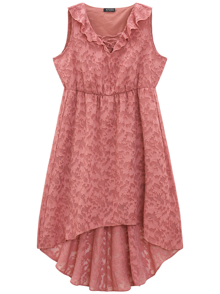 Plain Ruffle Trim Pocket Tie Neck Lace Up Dress