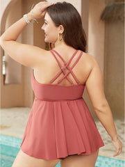 Ruffle Hem V Neck Crisscross Back Tankini Top