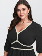 Shirred Waist V-Neck Contrast Midi Dress