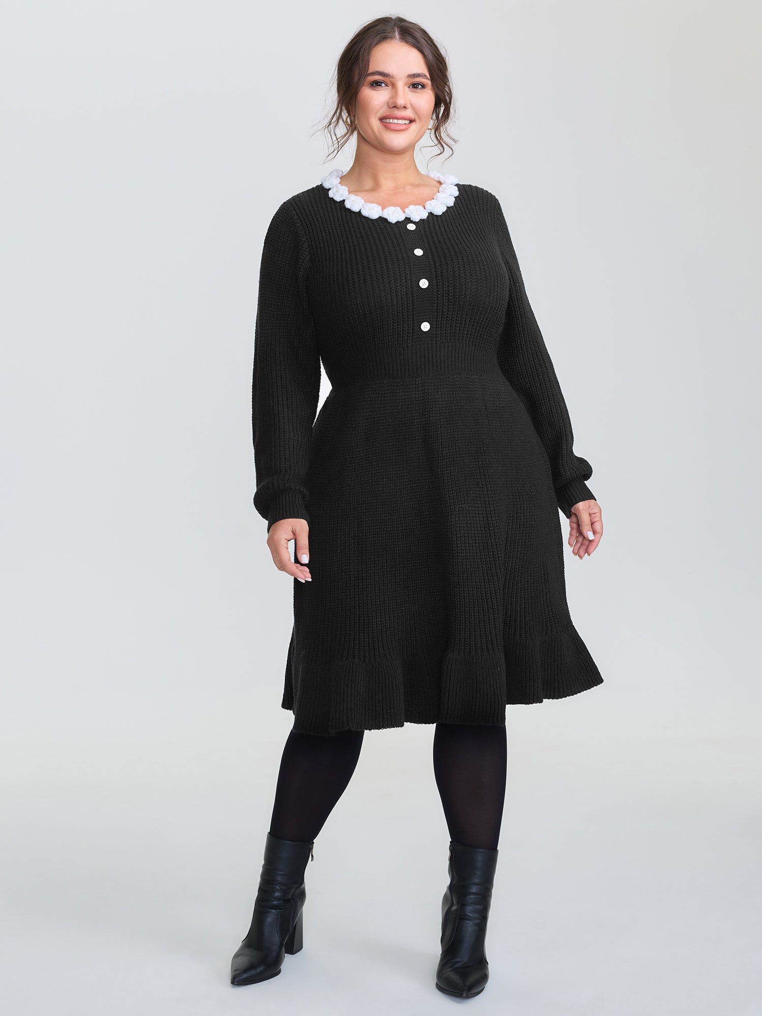 Cloudy Crochet Neckline Midi Sweater Dress