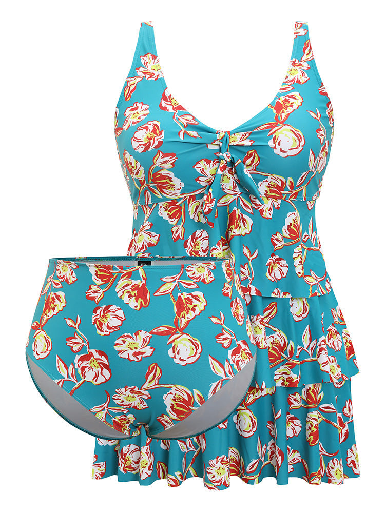 Floral Adjustable Straps Knotted Ruched Ruffle Tiered Swim Dress