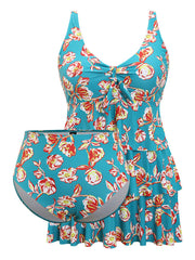 Floral Adjustable Straps Knotted Ruched Ruffle Tiered Swim Dress