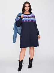 Fair-Isle Pattern Round Neck Sweater Dress