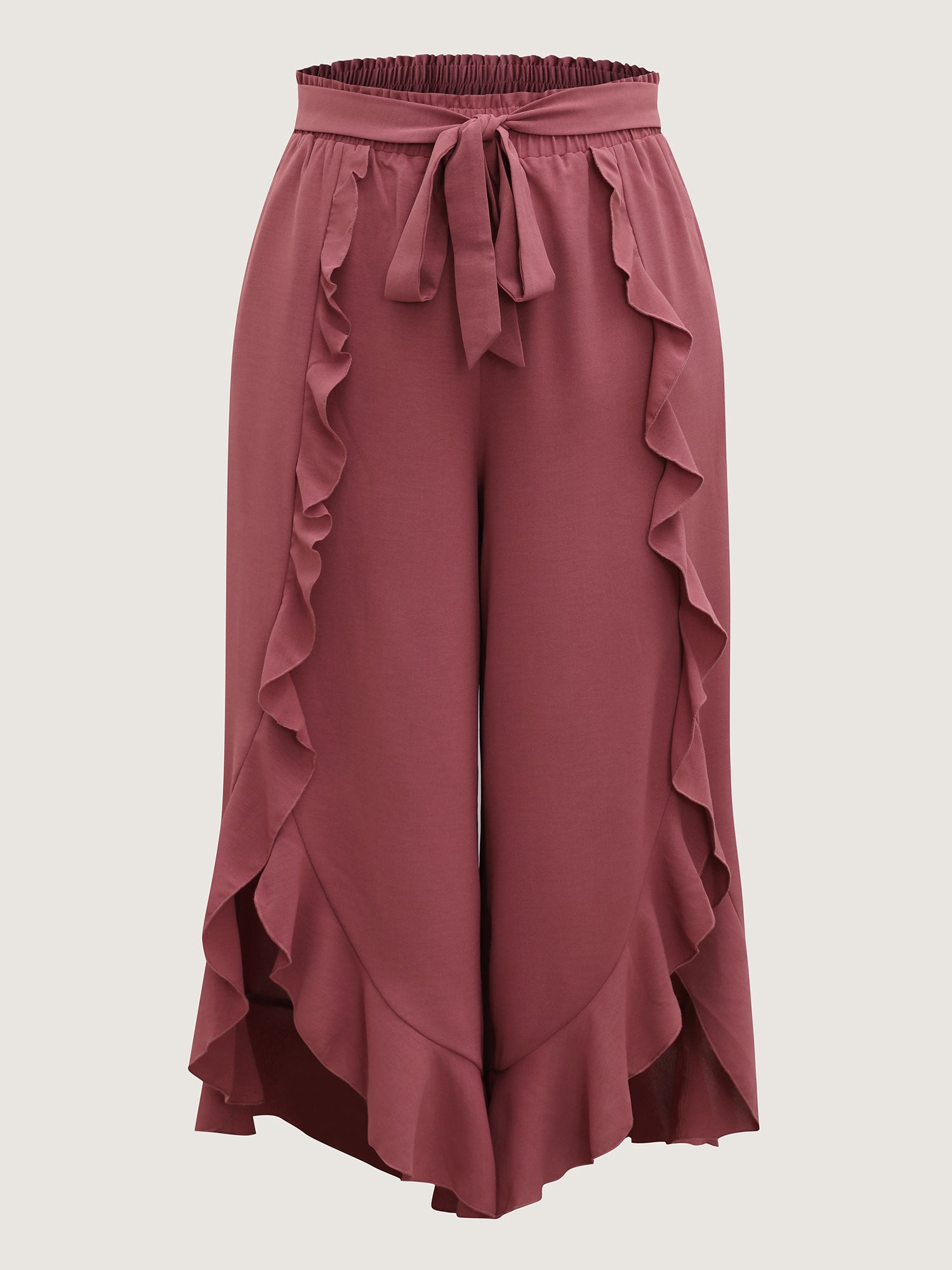Ruffled Hem Waist-Tie Wide-Leg Pants