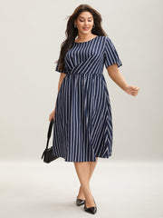 Striped Stretchy Waist Defining Pockets Dress