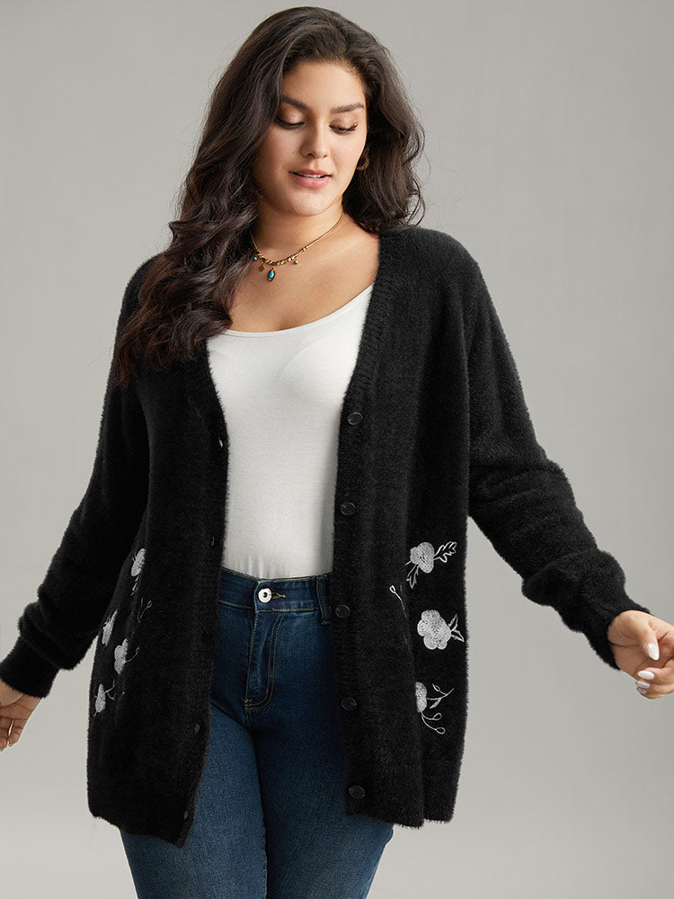 Floral Embroidered Fuzzy Open Front Cardigan
