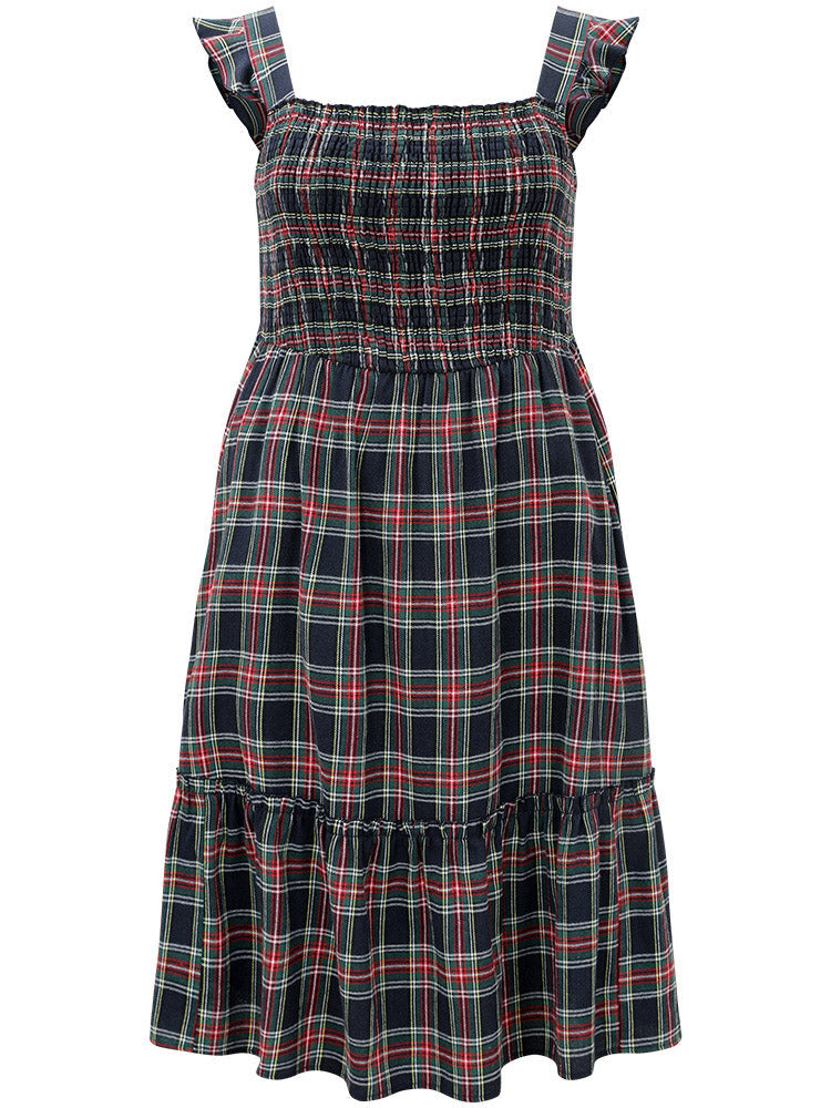 Plaid Ruffle Trim Shirred Spaghetti Strap Dress