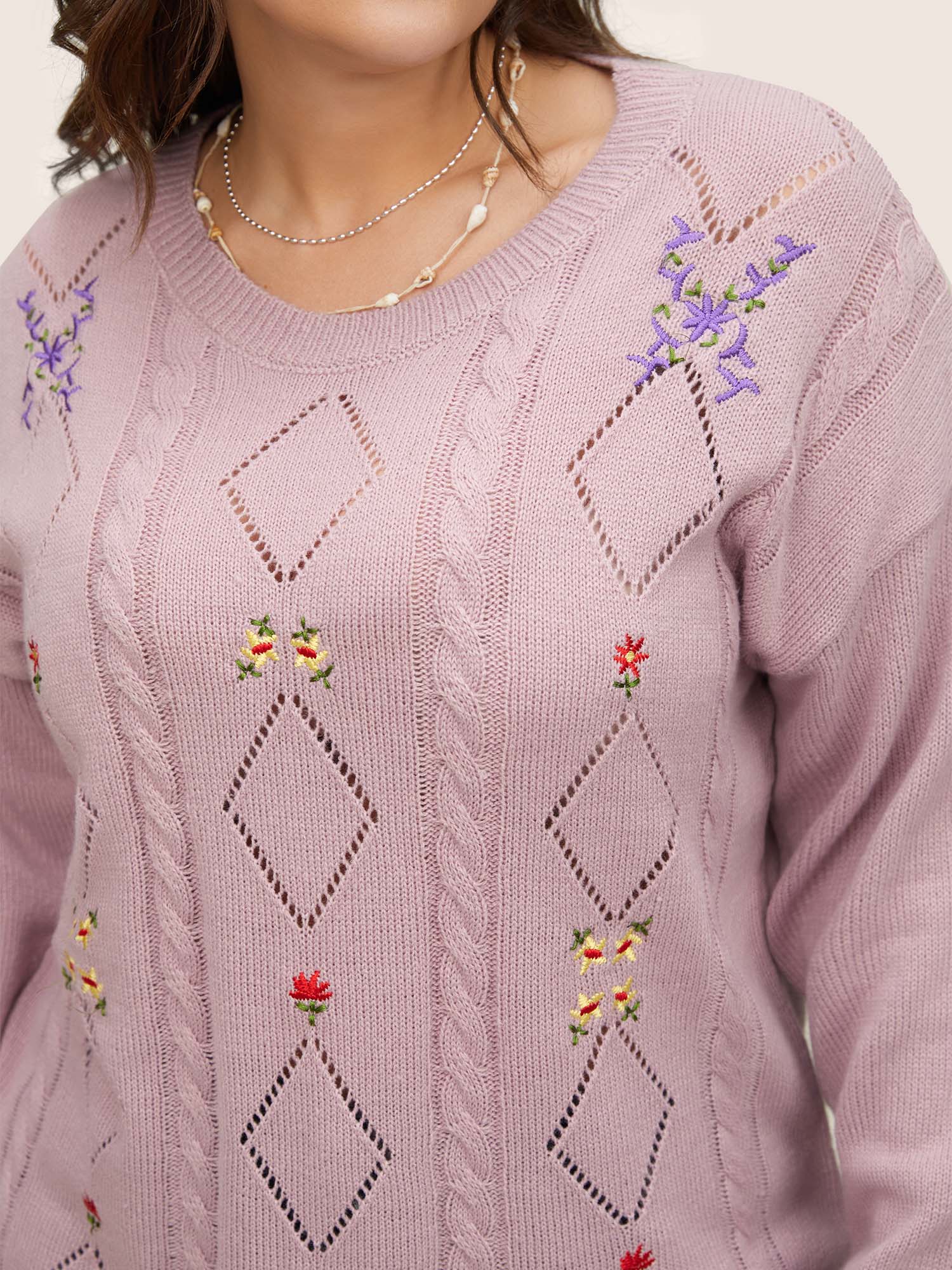 Floral Embroidered Geometric Hollow Out Cable Knit Pullover